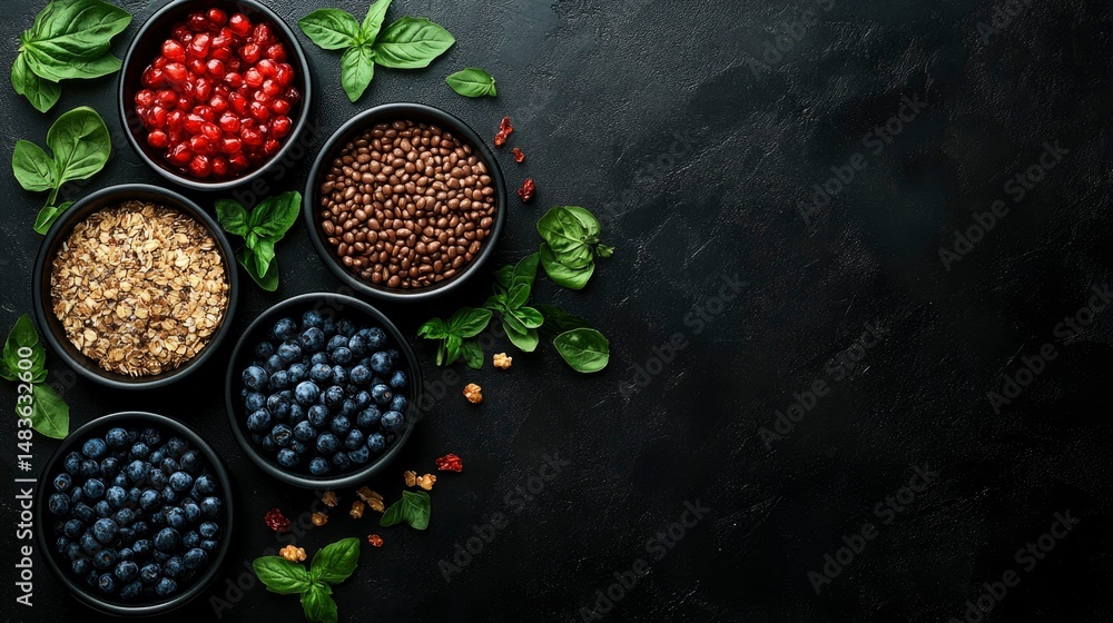 Healthy Breakfast Bowls with Berries, Oats, and Lentils on Dark Background