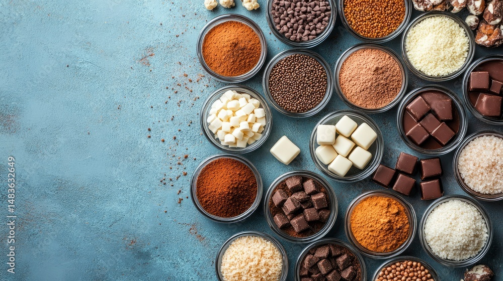 Assorted Chocolate Ingredients and Decorations in Small Glass Bowls on Blue Background