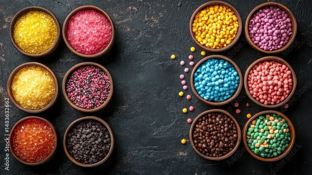 Colorful Sugar and Chocolate Sprinkles in Bowls on Dark Background
