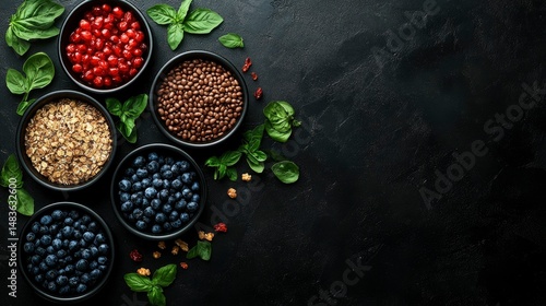 Obraz na płótnie Healthy Breakfast Bowls with Berries, Oats, and Lentils on Dark Background w salonie