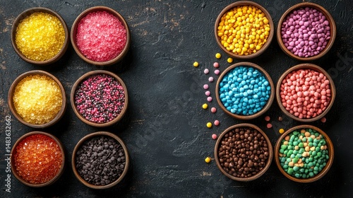 Obraz na płótnie Colorful Sugar and Chocolate Sprinkles in Bowls on Dark Background w salonie