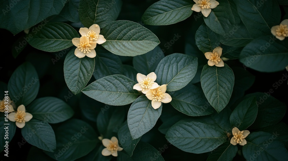 Lush Dark Green Leaves with Delicate Creamy White Flowers Overhead View