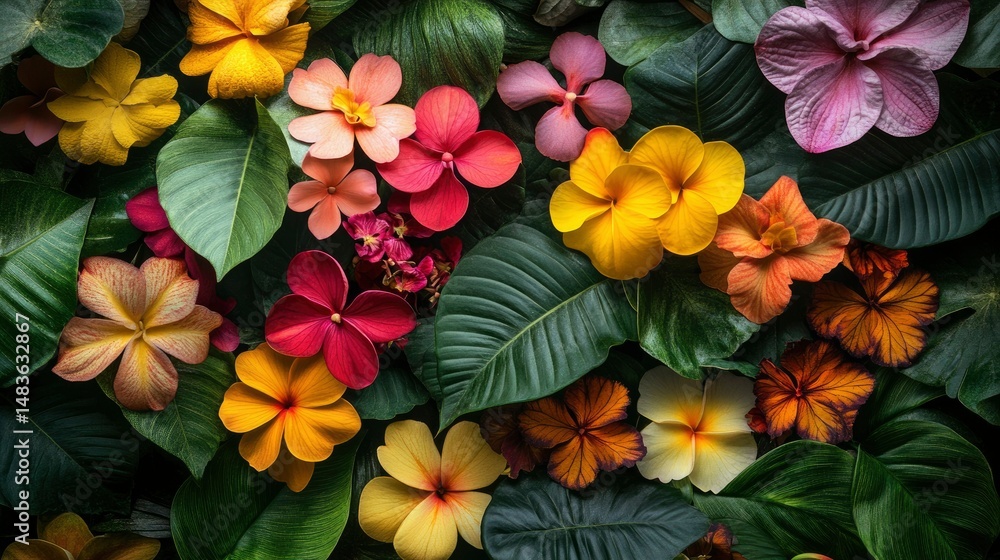 Lush Tropical Floral Arrangement Vibrant Blooms and Lush Greenery