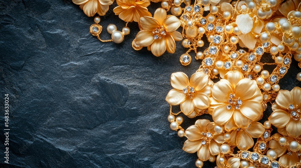 Golden Floral Jewelry on Dark Stone Background