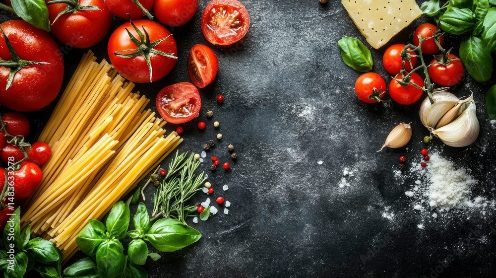 Fresh Italian Pasta Ingredients Tomatoes, Basil, Garlic, and Parmesan Cheese on Dark Background