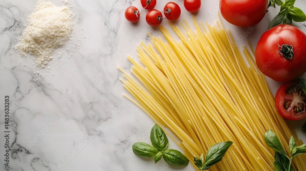 Uncooked Spaghetti with Tomatoes, Basil, and Flour on Marble Background