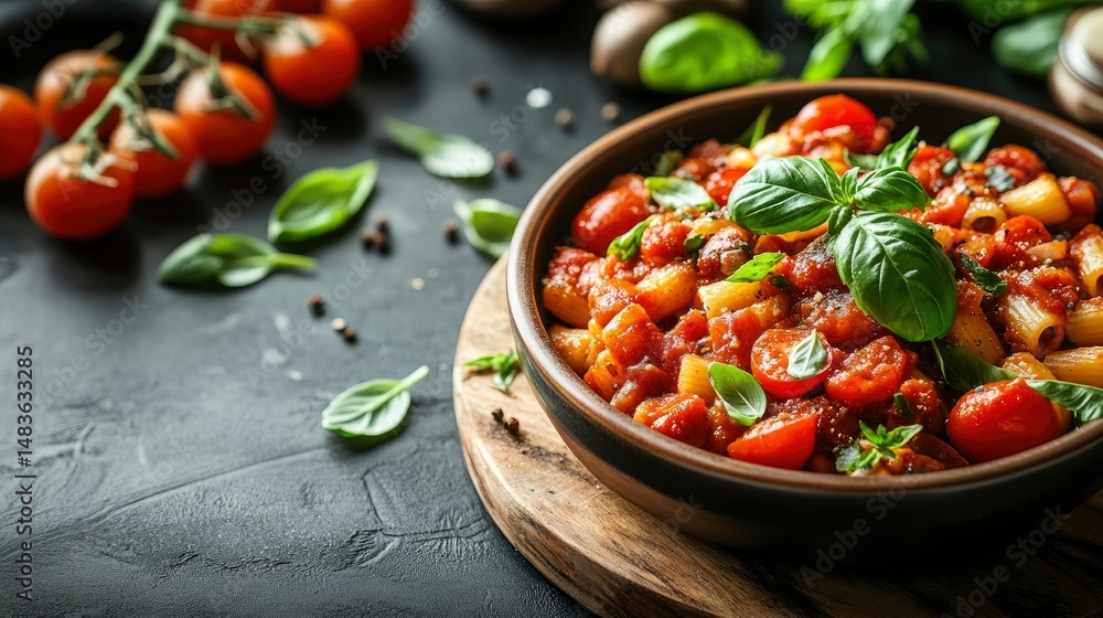 Delicious Pasta with Cherry Tomatoes and Basil in Rustic Bowl