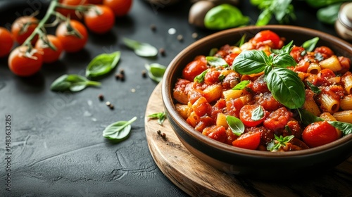 Delicious Pasta with Cherry Tomatoes and Basil in Rustic Bowl