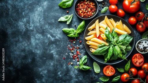 Delicious Penne Pasta with Tomatoes and Basil on Dark Background - Italian Food Photography