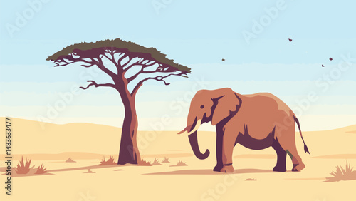 Elephant in Safari with Tree Vector
