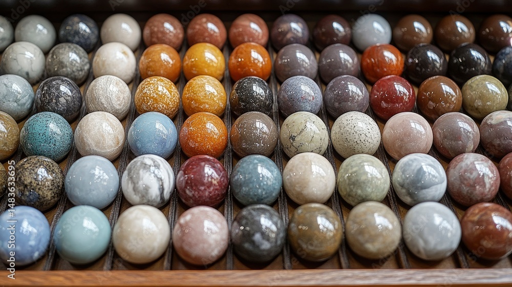 Collection of Polished Stone Spheres in Wooden Box