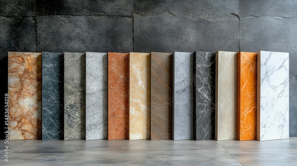 Collection of Diverse Marble and Stone Tile Samples Against a Dark Grey Wall