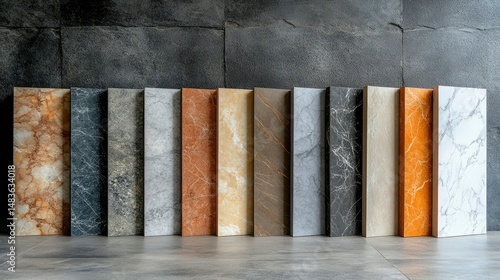 Collection of Diverse Marble and Stone Tile Samples Against a Dark Grey Wall