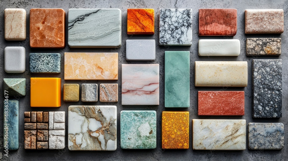 Collection of Diverse Marble and Stone Slabs, Tiles, and Cubes - Textures and Colors for Design