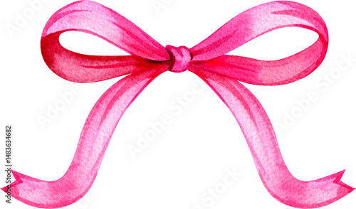 Hand-drawn watercolor pink ribbon. Colored decorative pink bow for cards, invitations, scrapbooking, decor