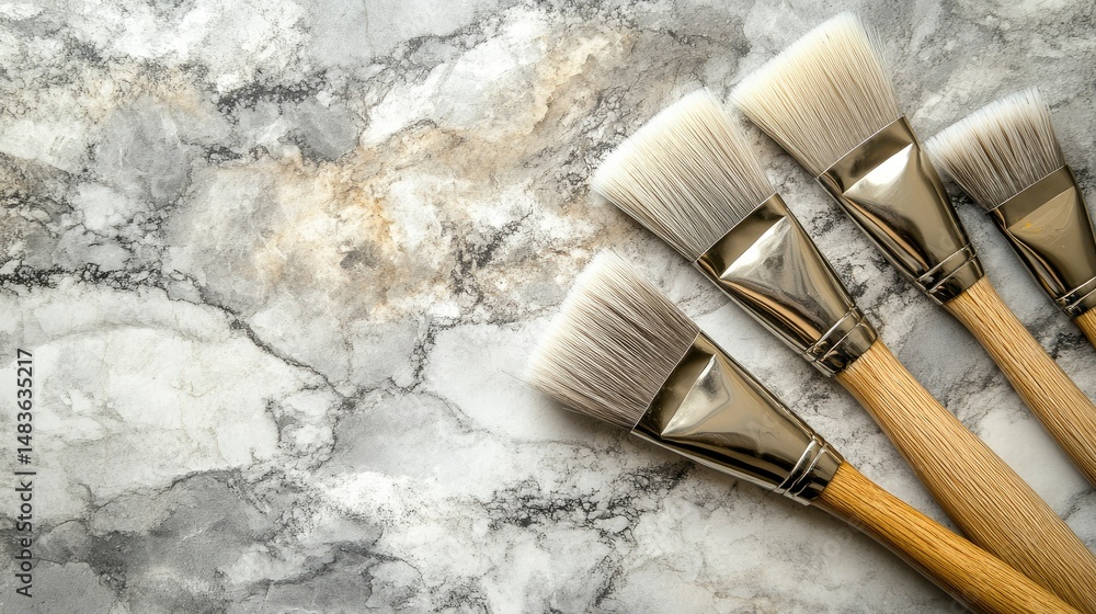 Four Artist Paint Brushes on Marble Background