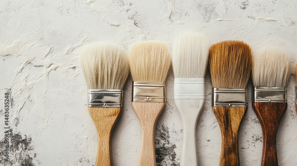 Five Paintbrushes on Textured White Background