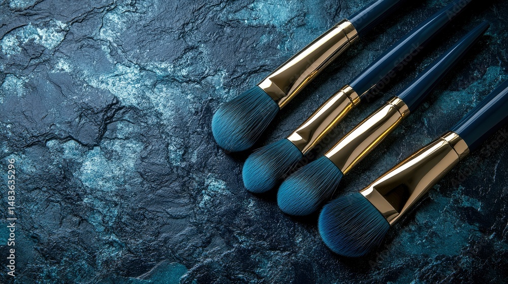 Elegant Blue and Gold Makeup Brushes on Dark Textured Background