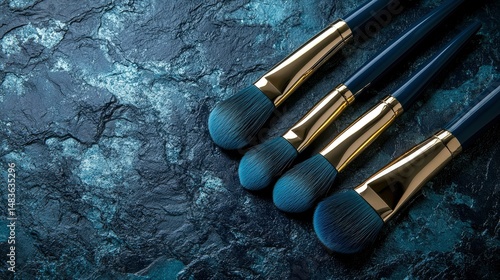 Obraz na płótnie Elegant Blue and Gold Makeup Brushes on Dark Textured Background w salonie