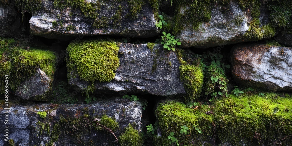 Natural stone wall with vibrant green moss and small plants in a forest setting
Natural stone wall with vibrant green moss and small plants in a forest setting
