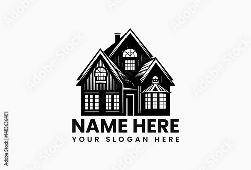 Detailed black and white vector illustration of elegant house facade with multiple windows and architectural ornaments. Building logo concept  