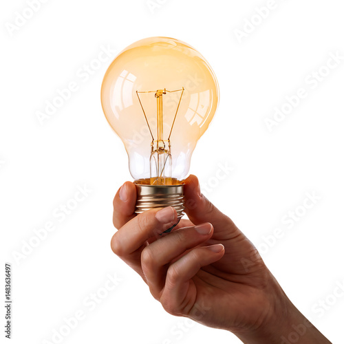 Human hand holding yellow bulb isolated on transparent background