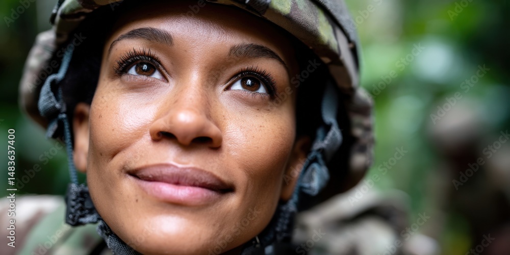 Young African descent soldier gazes upwards while wearing combat helmet in dense forest environment during daytime patrol Young African descent soldier gazes upwards while wearing combat helmet in dense forest environment during daytime patrol