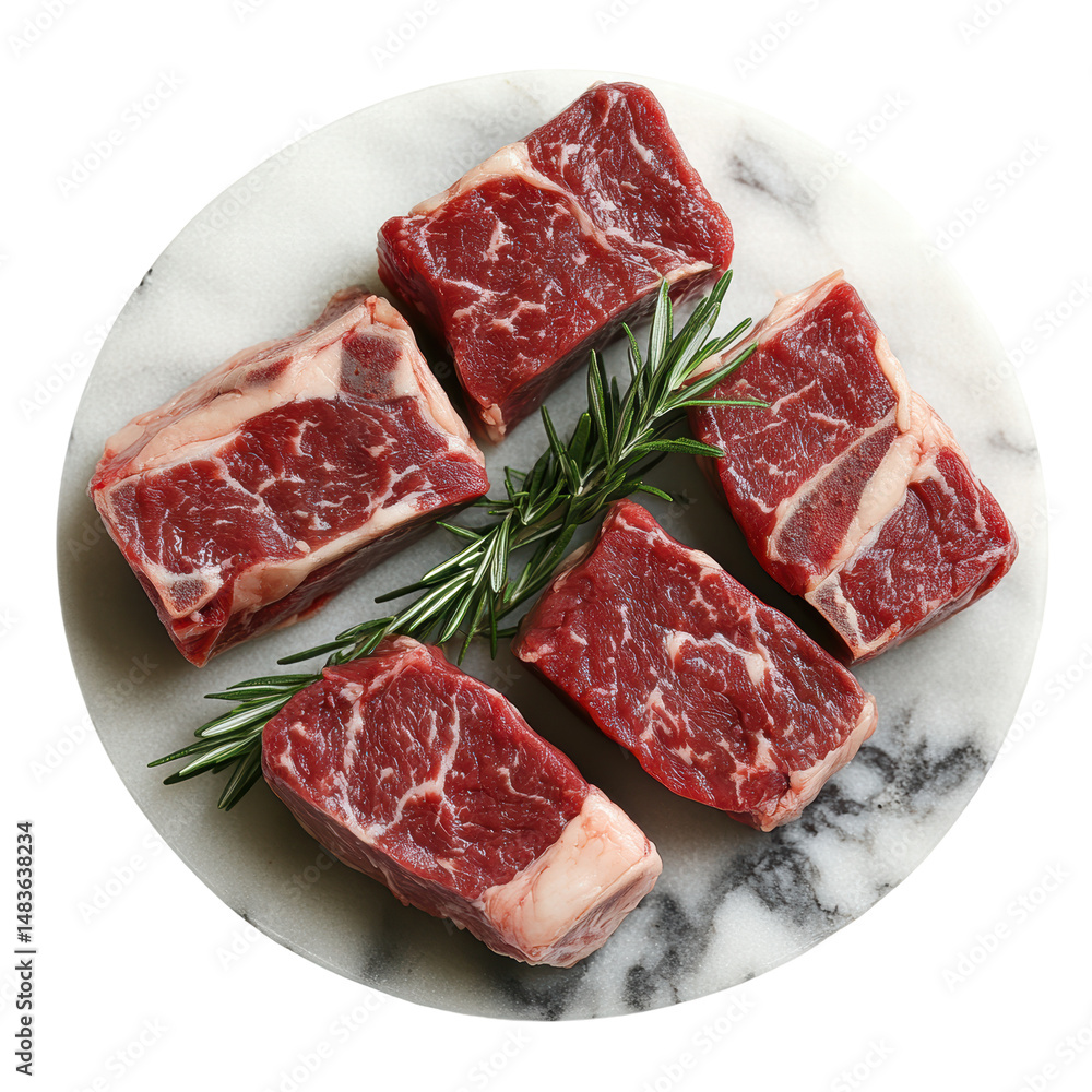 Isolated Raw Beef Steak Portions with Rosemary on Plate Isolated Raw Beef Steak Portions with Rosemary on Plate