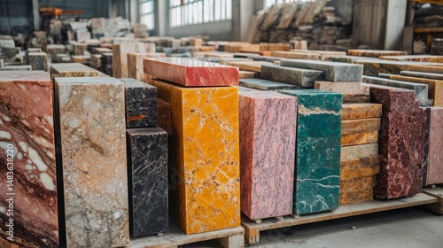 Colorful Marble Slabs Stacked in a Warehouse