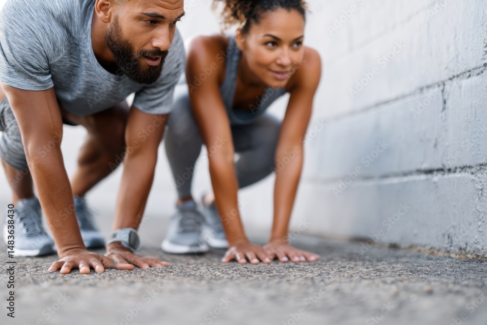Obraz premium African American man and Black woman preparing for workout outside, ready to begin run, athletic wear, healthy lifestyle