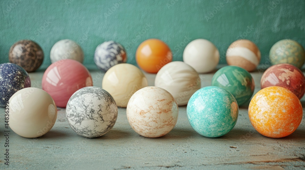 Collection of Colorful Marble Decorative Balls on Rustic Wooden Surface