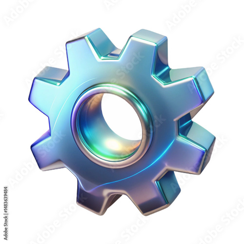 Transparent glass gear icon, shiny and refracted light effects