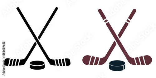 Ice Hockey icon, label, badge, logo template. Hockey sticks, cues with puck isolated on white background. Vector illustration, Black hockey icon. Hockey sticks with puck sign for sport design. vector