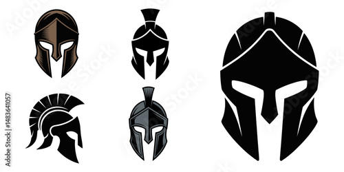 Spartan or Warrior Helmet Icon, Old helmet set. Spartan roman greek warrior head protective wear. Ancient warrior gladiator armor soldier protection. History symbol emblem. Black and white simple flat