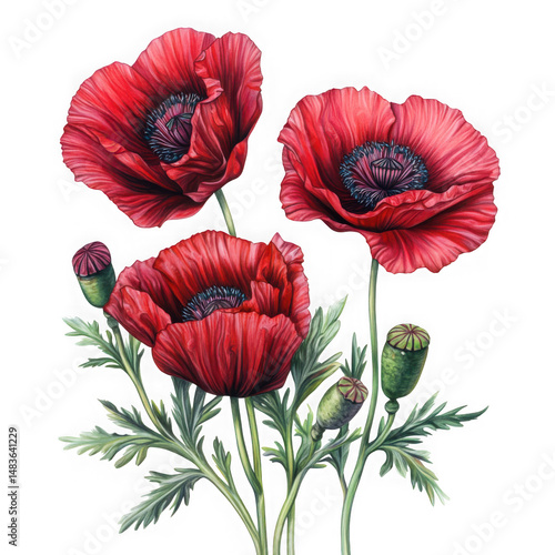 Red poppy floral botanical illustration on white background on transparent background