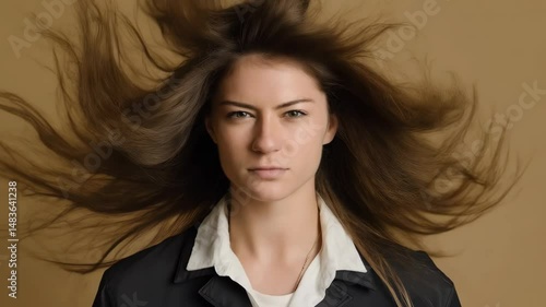 Dramatic portrait of a young woman with long, flowing brown hair styled to appear windswept against a neutral background in studio setting.