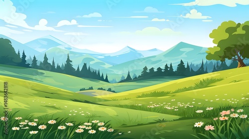 Beautiful Green Lawn with Lush Grass and Colorful Flowers - Summer Garden Landscape