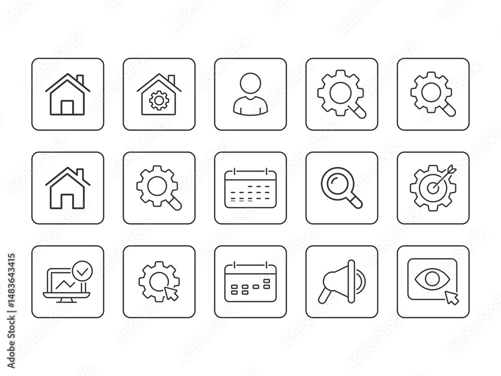 Web icon collection. Essential signs and symbols set correction. Round square icons with popular line style, web and mobile icons. Vector illustration isolated on white background Web icon collection. Essential signs and symbols set correction. Round square icons with popular line style, web and mobile icons. Vector illustration isolated on white background