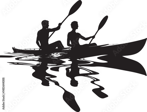  Minimalist depiction of two individuals kayaking on still waters, emphasizing tranquility and teamwork in a natural setting