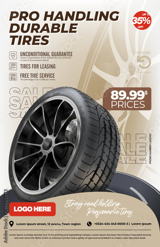 Tyres advertisement poster on light background. Web design. Promotion. 