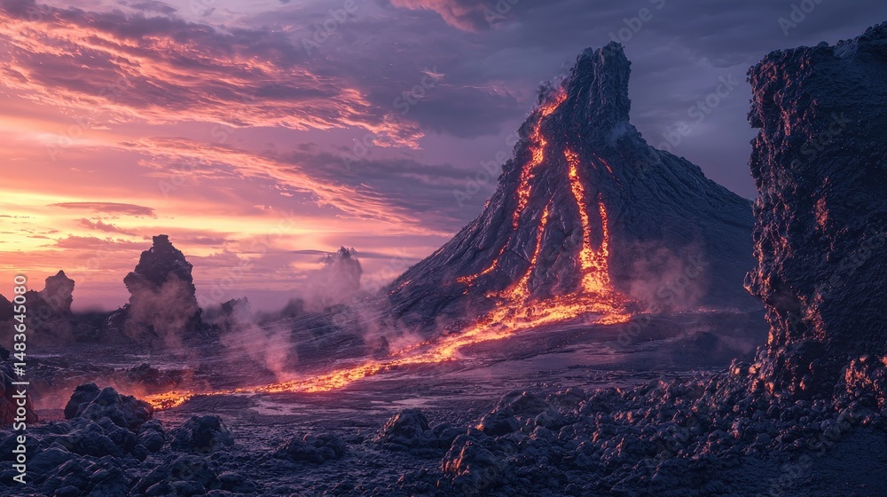 Fototapeta premium Volcanic landscape at fiery sunset with lava flow.