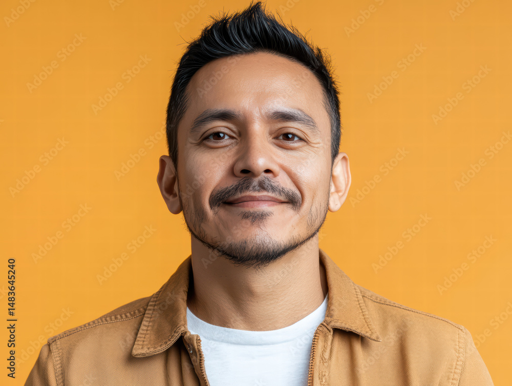 Obraz premium Portrait of a man on yellow background: a close-up shot of a handsome, middle-aged man with a subtle smile against a warm yellow backdrop.