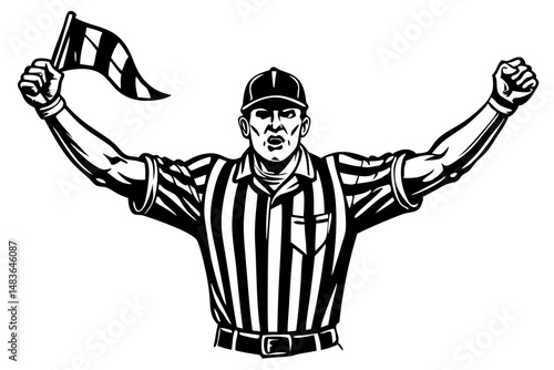 Black silhouette of referee signaling touchdown on a white background, referee, silhouette, sport, touchdown, american football, officiating, signal, raised arms, judge, game, competition, front view