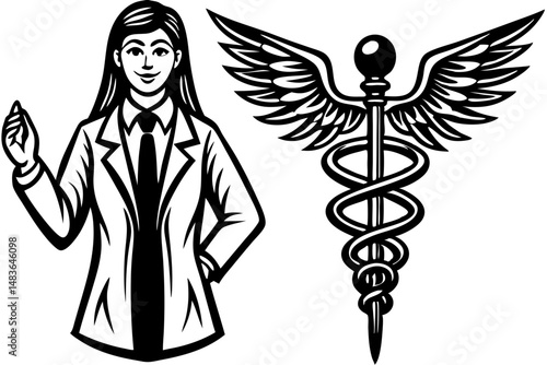 Female doctor holding caduceus symbol black silhouette design on white, referee, silhouette, sport, touchdown, american football, officiating, signal, raised arms, judge, game, competition, front view