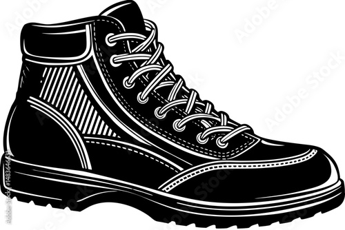 Black and white vector illustration of a lace up boot on white, boot, footwear, shoe, laced, lace up, leather, work boot, safety boot, vector, illustration, black and white, outline, drawing, art, des