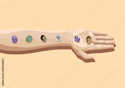 Illustration of rune therapy. Art with stones positioned on the arm and hand.