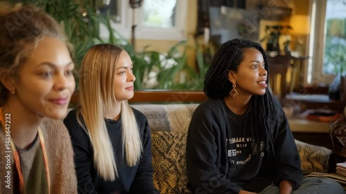A diverse group of young adult women engaged in conversation indoors, sharing ideas and positive support with casual setting and flowers