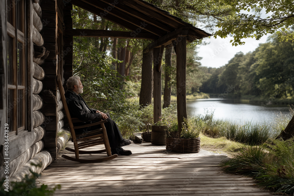 a wooden house in the forest, a river near by, an old man sitting in a rocking chair on the veranda a wooden house in the forest, a river near by, an old man sitting in a rocking chair on the veranda