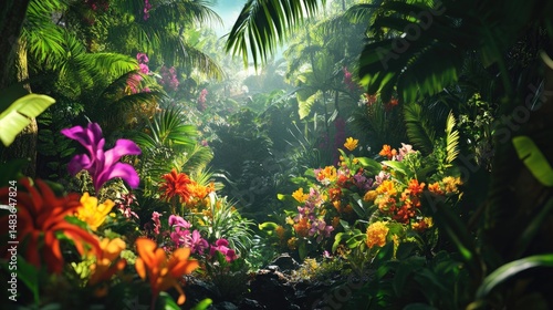 Fototapeta Naklejka Na Ścianę i Meble -  Dense tropical jungle filled with vibrant orange, red, and pink flowers, large green leaves, and sunlight filtering through the canopy. Generative by AI