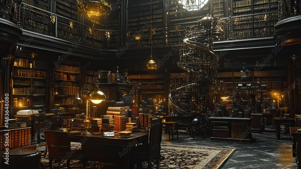 Fototapeta premium Interior of an ornate library filled with bookshelves, steampunk-style machinery, wooden desks, and warm lighting, high ceilings and spiral stairs visible. Generative by AI